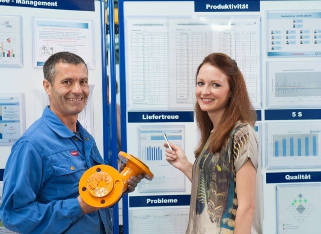 Mann und Frau mit Visualisierungstafel für Shopfloor Management von WEIGANG. 